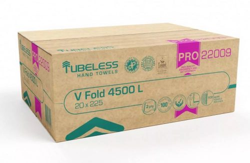 TUBELESS V HAJTOGATOTT KÉZTÖRLŐ 2 RÉTEGŰ, FEHÉR, 100% CELLULÓZ, 22X21CM, 20X225LAP 4500LAP/KARTON