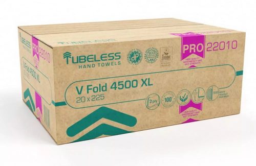 TUBELESS V HAJTOGATOTT KÉZTÖRLŐ 2 RÉTEGŰ, FEHÉR, 100% CELLULÓZ, 25X21CM, 20X225 LAP, 4500 LAP/KARTON